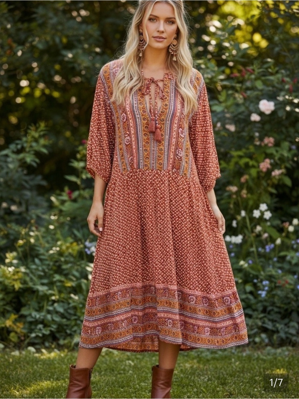 Boho Rust Midi Dress with Tassel Tie by Knox Rose